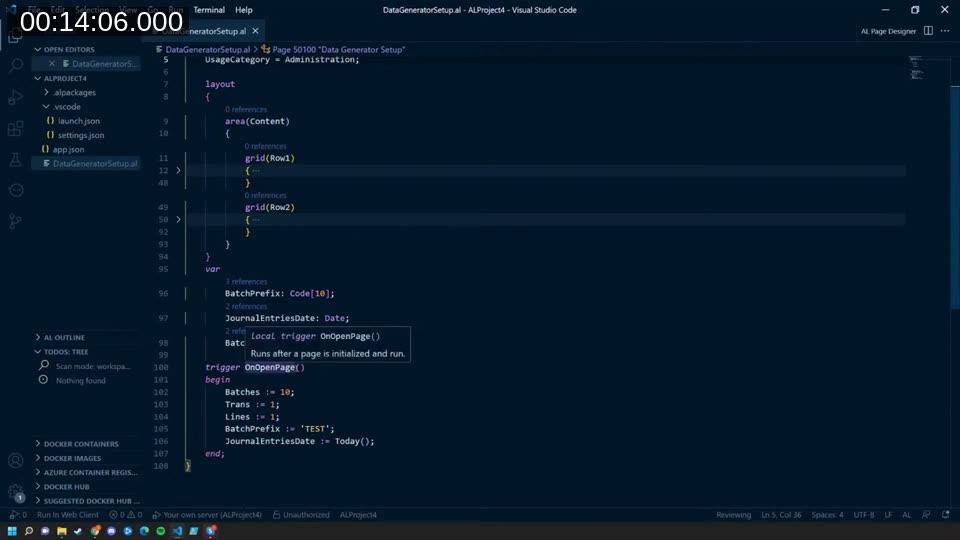 VS Code showing the AL page code with grid rows and OnOpenPage trigger initializing variables