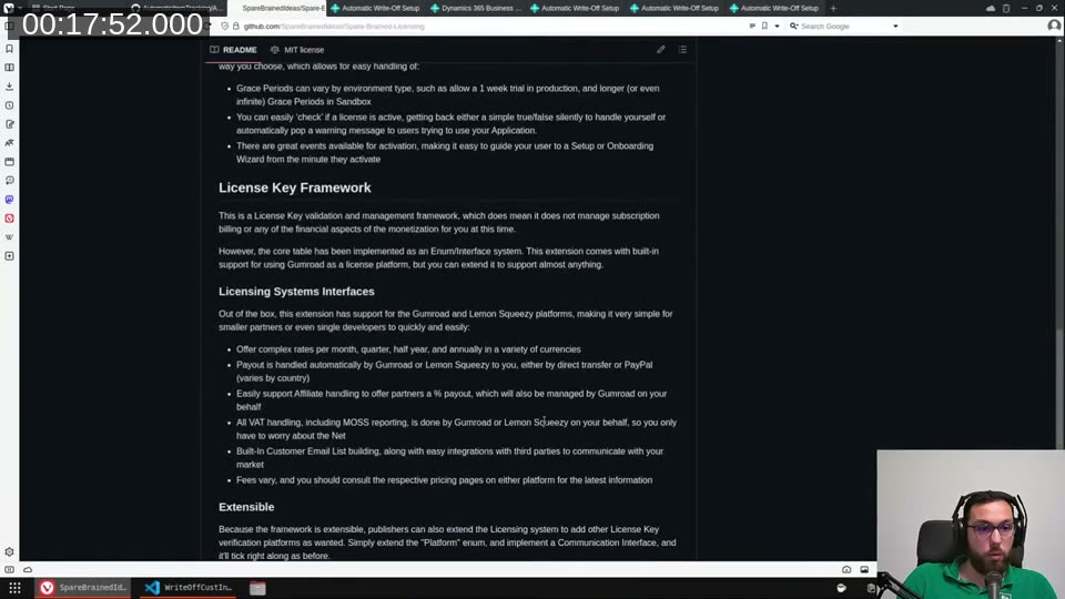 Spare Brained Licensing README on GitHub showing the License Key Framework description