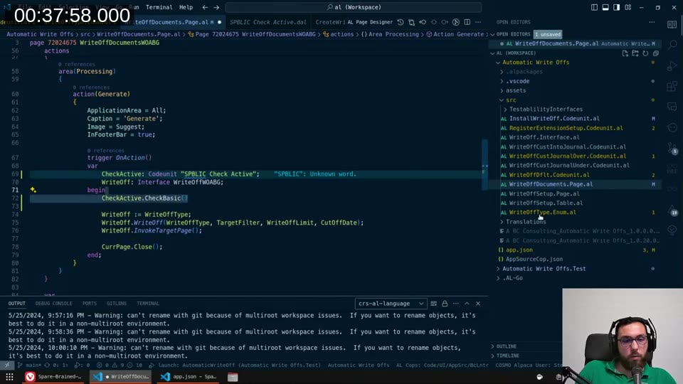 InstallWriteOff.Codeunit.al showing AddTestProduct with LemonSqueezy enum and grace period parameters