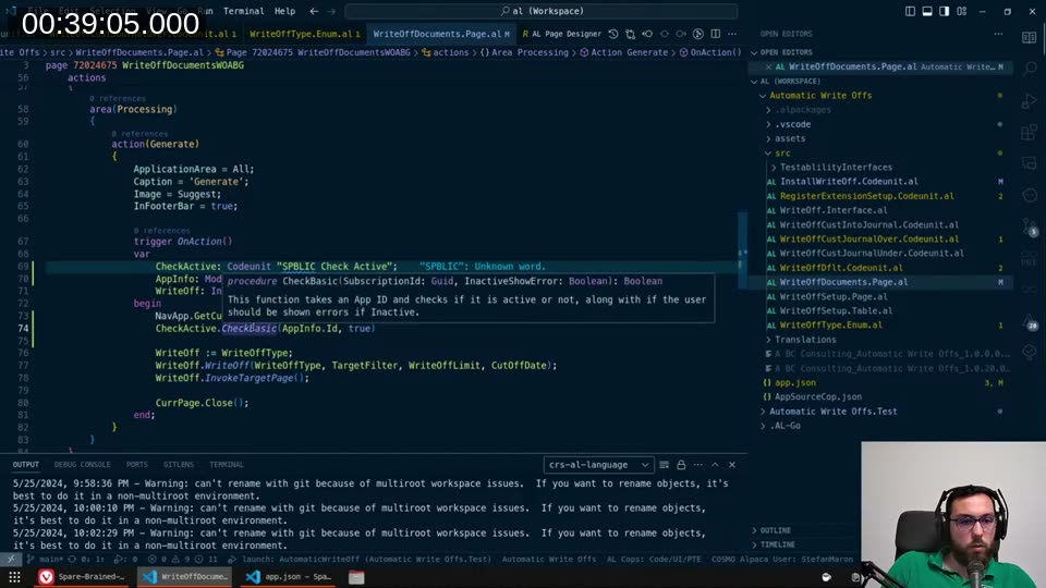 WriteOffDocuments.Page.al showing the Generate action with CheckActive.CheckBasic call