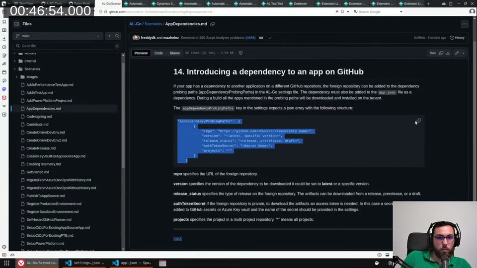 AL-Go AppDependencies documentation showing appDependencyProbingPaths structure