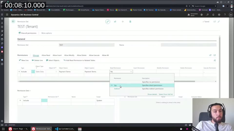Permission Set editor showing Yes (direct) vs Indirect options
