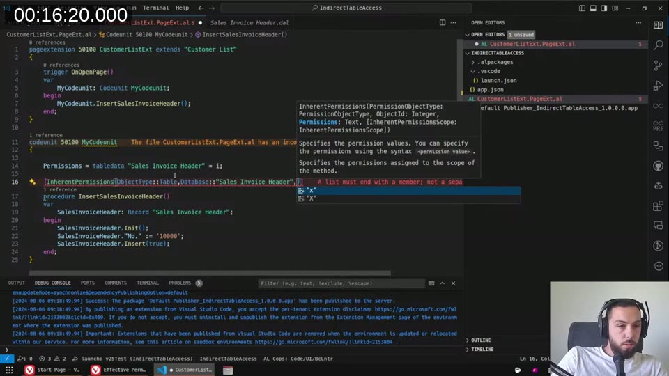 Codeunit with Permissions property set to indirect insert on Sales Invoice Header