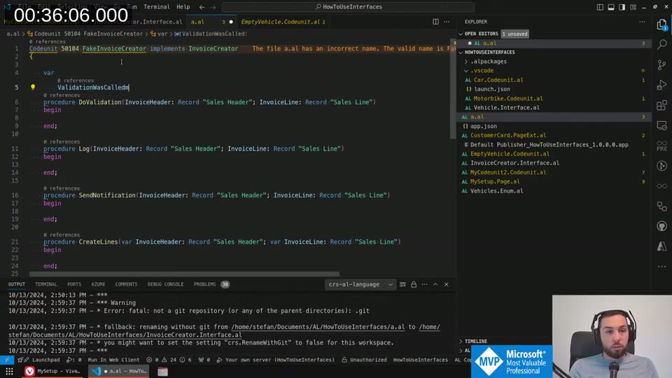 FakeInvoiceCreator codeunit implementing InvoiceCreator for testing