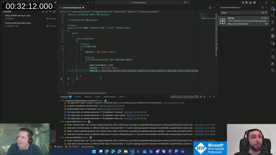 VS Code showing AL code with ALCops extension installed and multiple diagnostics in the Problems panel