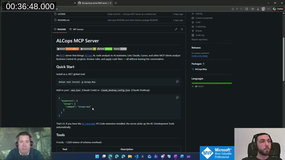 ALCops MCP Server README showing dotnet tool install command and mcp.json configuration