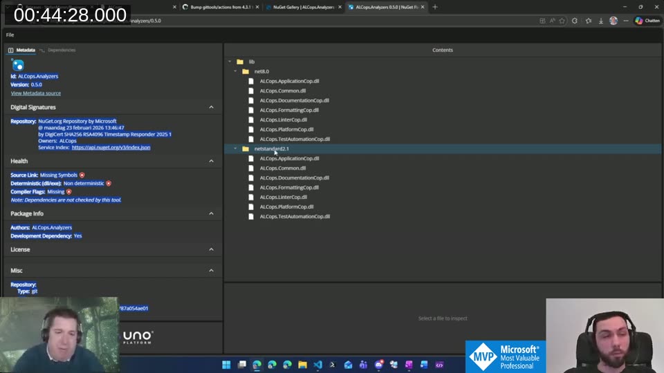 ALCops NuGet package showing lib/net8.0 and lib/netstandard2.1 folders, each with six DLLs