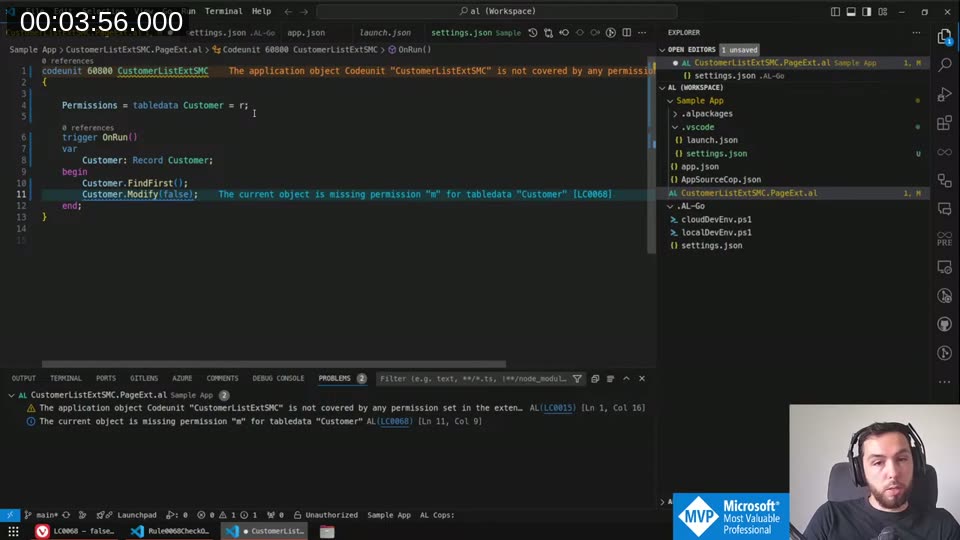 LC0068 warning showing the current object is missing permission “M” for tabledata Customer