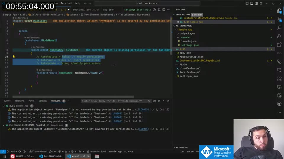 XMLPort AL test case with AutoReplace=false, AutoSave=false, AutoUpdate=false showing no LC0068 warning