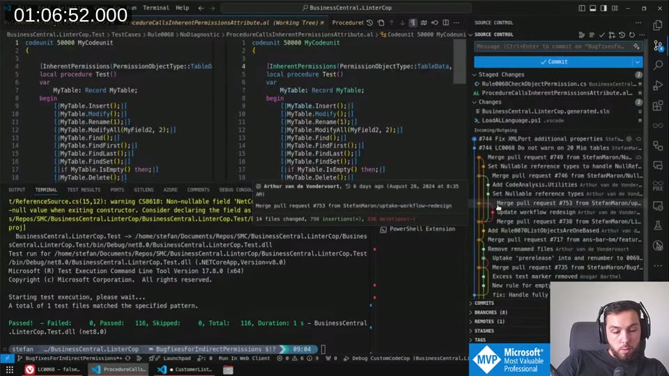 PR diff view with 116 tests passing in the terminal