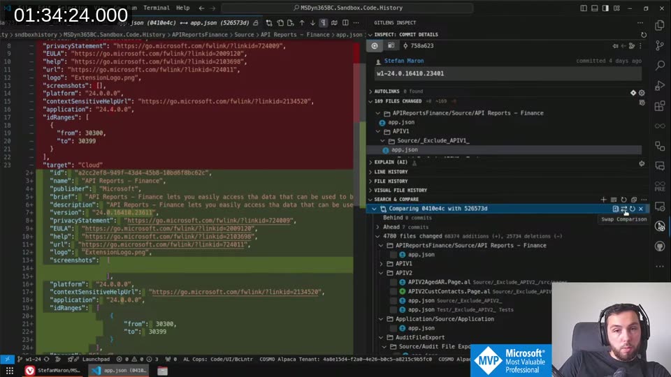 VS Code diff comparing two BC app.json versions side by side via GitLens
