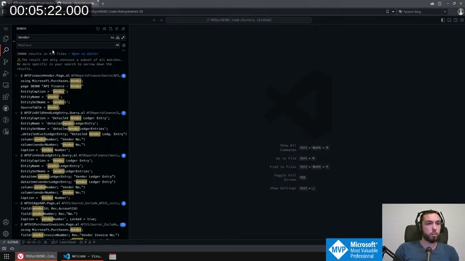 VS Code browser showing full-text search results for &ldquo;Vendor&rdquo; across all files in the w1-25 branch