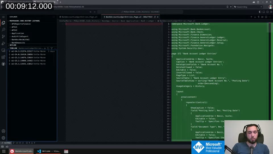 Timeline panel showing the full commit history for BankAccountLedgerEntries.Page.al, from v23.1 through v24.3