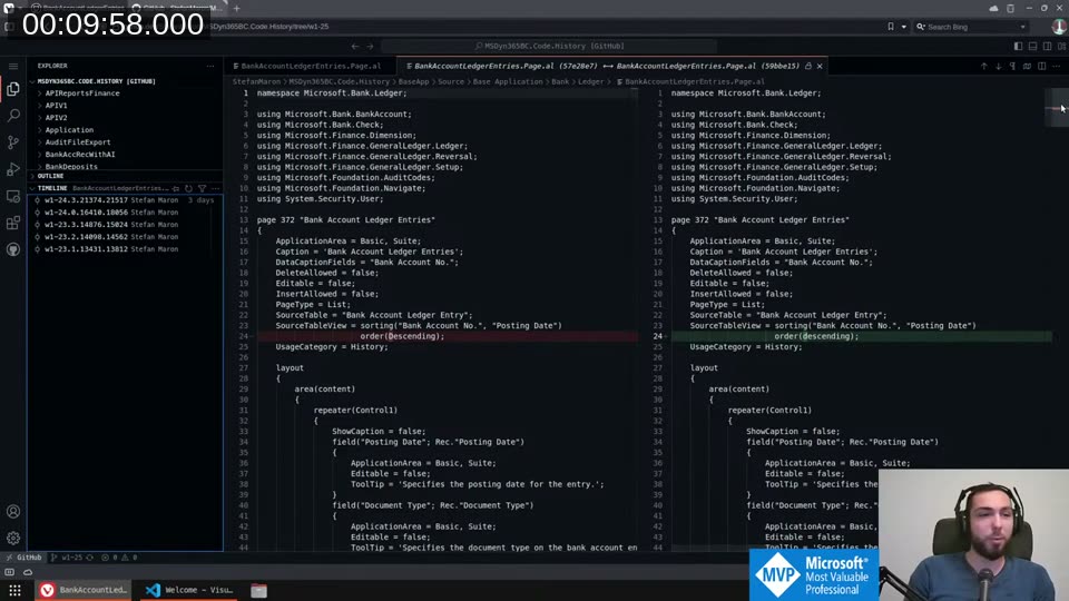 Side-by-side diff view comparing two versions of BankAccountLedgerEntries.Page.al, showing a local variable removal