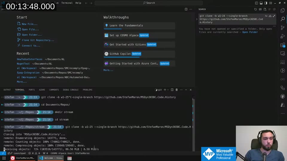 Terminal showing the git clone command completing, cloning only the w1-25 branch