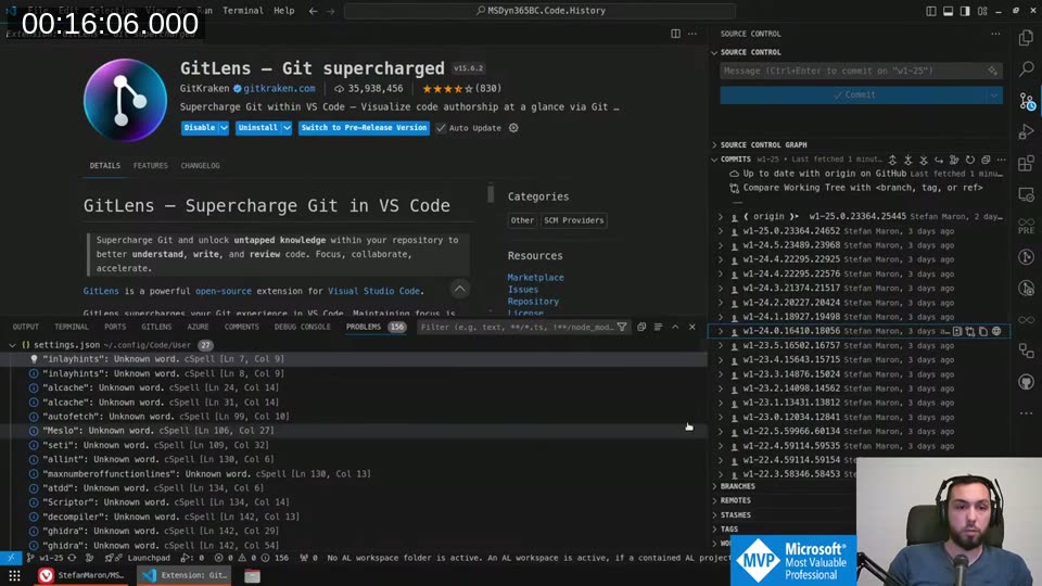 GitLens installed and showing the full commit graph for the w1-25 branch with all minor version commits listed