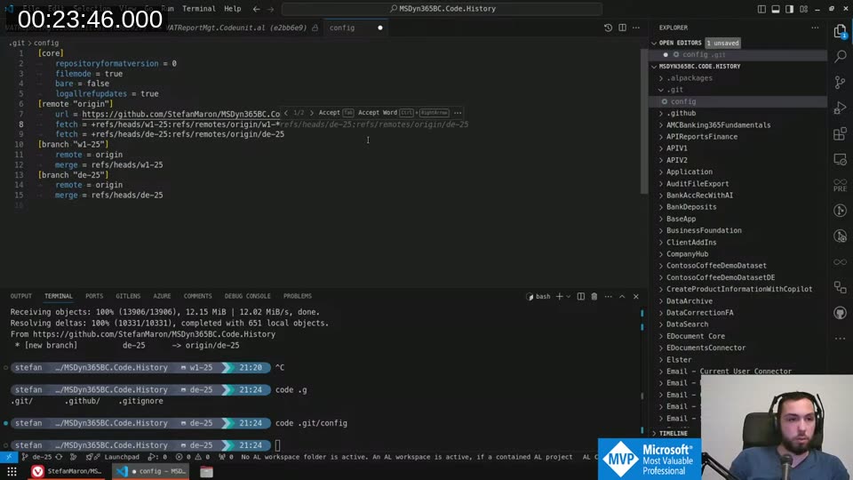 .git/config file open in VS Code showing wildcard fetch rules for w1-* and de-* branches