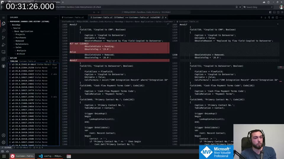 Side-by-side diff in the Sandbox repository comparing v-next Customer.Table.al, showing obsoleted fields being removed