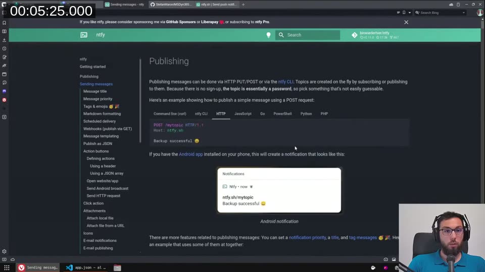 ntfy publishing docs showing the HTTP API and Android notification preview