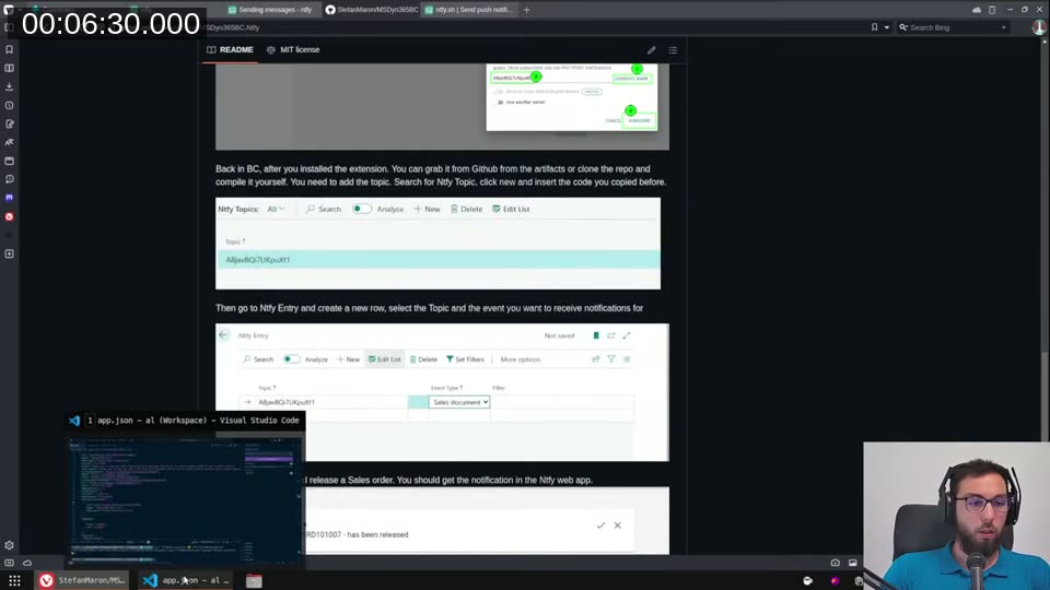 BC README showing Ntfy Topics and Ntfy Entry setup, and a notification result