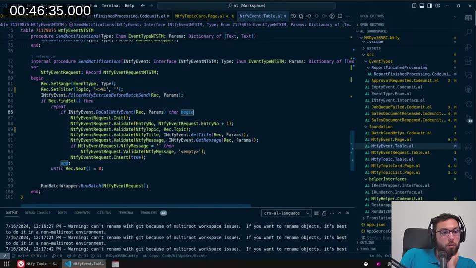 SendNotifications procedure showing the full dispatch loop building the queue