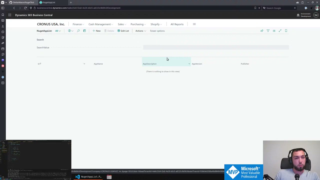 NuGetAppList page in Business Central showing the app search UI