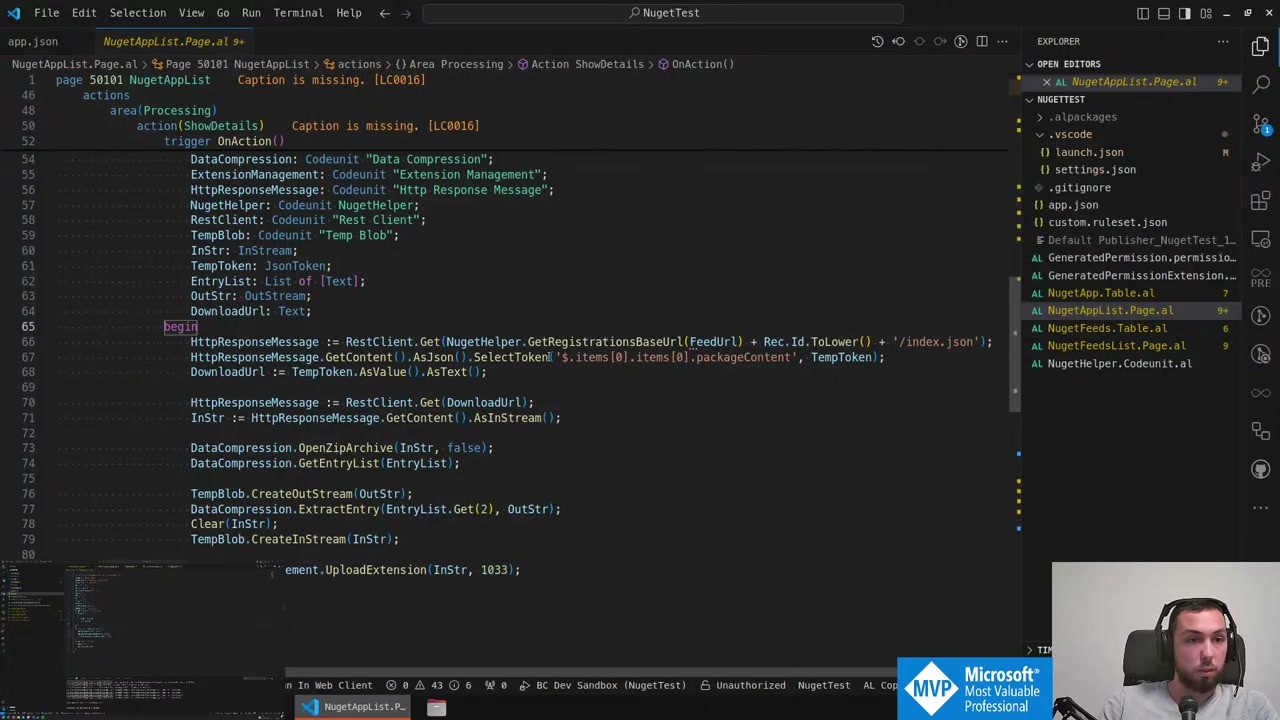 VS Code showing the refactored ShowDetails action with DataCompression and ExtensionManagement calls