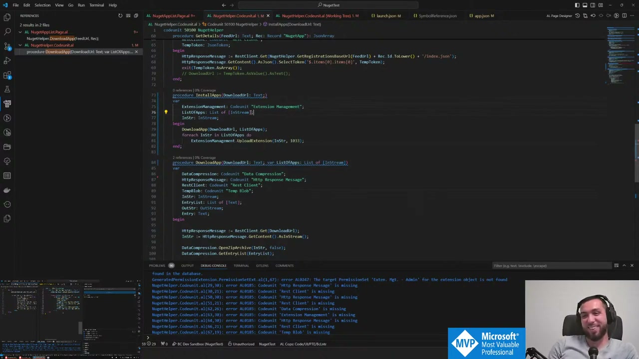 Refactored NuGetHelper codeunit showing GetDetails, InstallApps, and DownloadApp procedures