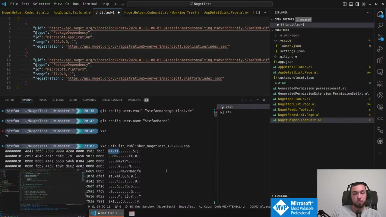 Terminal showing xxd hex dump of a .app file with NAVX magic bytes at the start