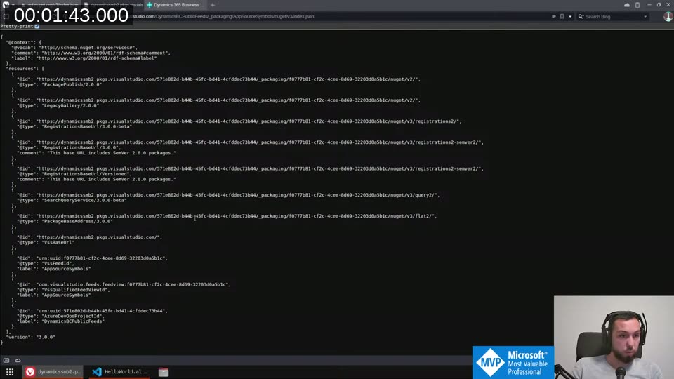 The BC AppSource NuGet feed API structure showing the resources array