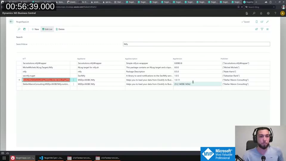 The NugetAppList page in Business Central showing live search results for &ldquo;Ntfy&rdquo;