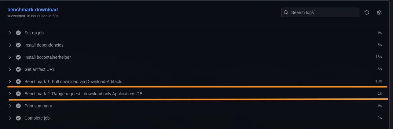 Benchmark workflow steps showing full download at 18s vs range request at 1s