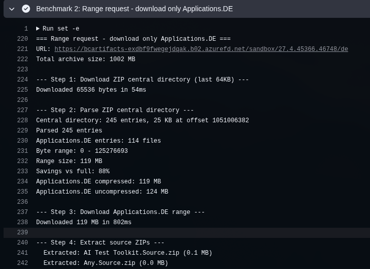 Range request benchmark log showing central directory parsing, 119MB range size, 88% savings, and 802ms download time