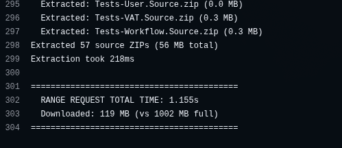 Benchmark summary showing 57 source ZIPs extracted, range request total time 1.155s, 119MB vs 1002MB full