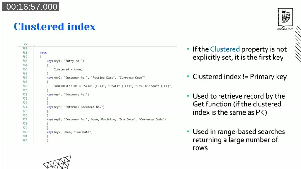 AL code showing key definitions with Clustered = true, alongside bullet points explaining clustered index behavior