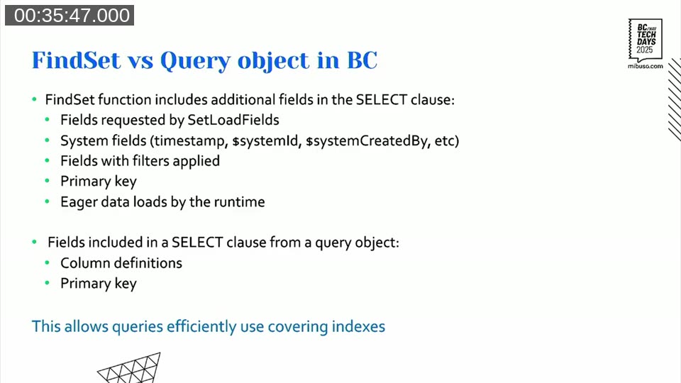 Slide comparing FindSet (includes system fields, filter fields, JIT loads) vs Query object (only column definitions + PK) in the SELECT clause