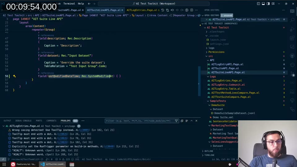 API page with LinterCop warnings in the Problems panel, and Stefan’s PR comment about lastModifiedDateTime for webhook support