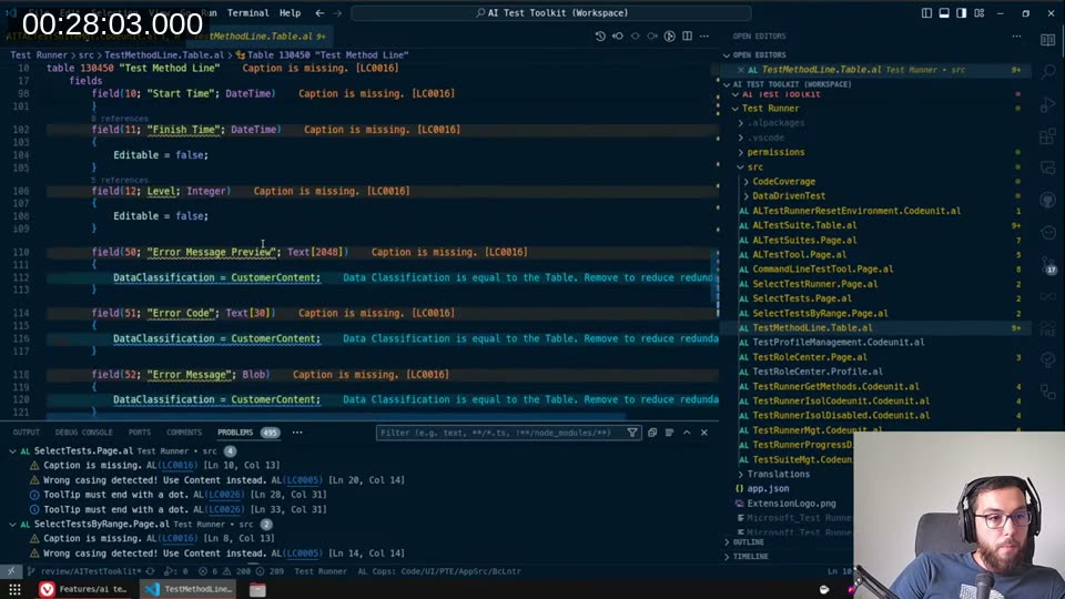 Test Runner’s TestMethodLine.Table.al — the Problems panel showing hundreds of LinterCop warnings