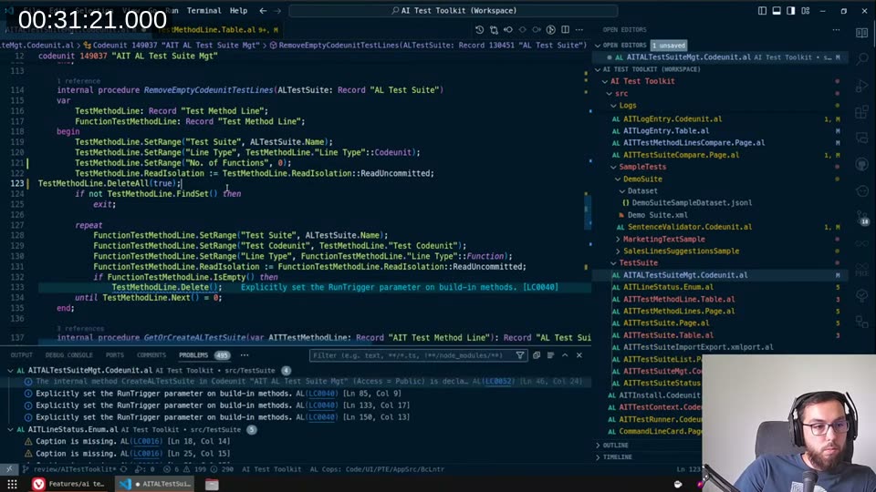RemoveEmptyCodeunitTestLines after the refactor — FlowField filter + DeleteAll(true) replaces the nested loop