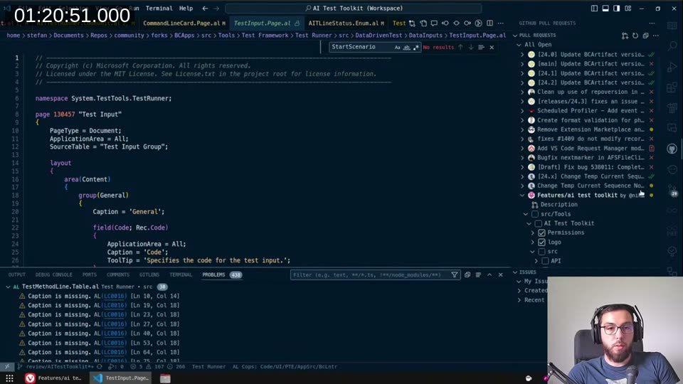 GitHub PR panel near the end of stream, showing the BCApps PR with staged changes ready