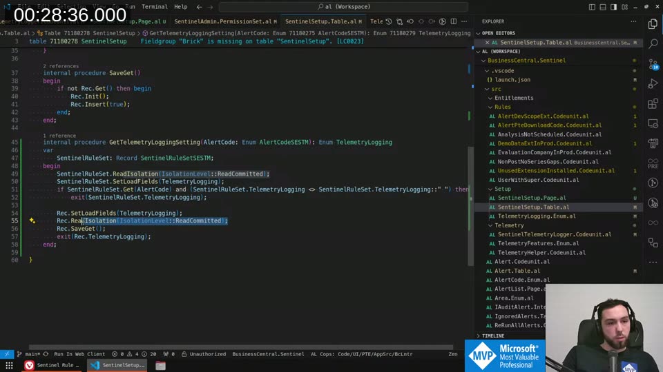 GetTelemetryLoggingSetting function on the SentinelSetup table showing ReadIsolation and SaveGet pattern
