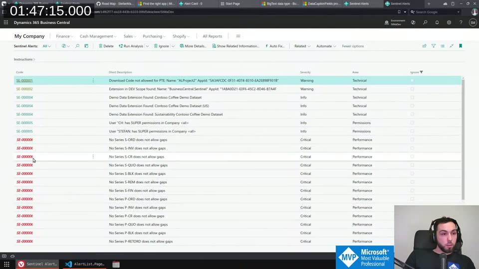 Sentinel Alerts list page before the cleanup — long multi-line descriptions in every row make it hard to scan