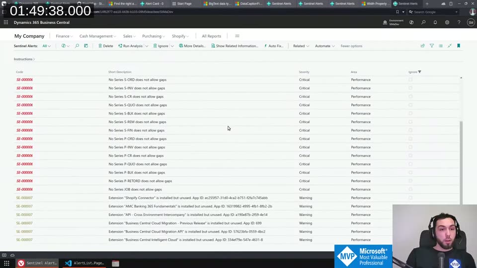 Sentinel Alerts list page after the cleanup — compact rows with just code, short description, severity, area, and ignore