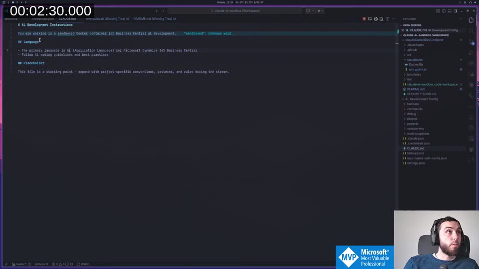 The AL Development profile folder — CLAUDE.md open with the full file tree visible on the right