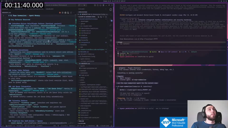 The agent-written MEMORY.md with detailed AL patterns, job queue integration notes, and project analysis