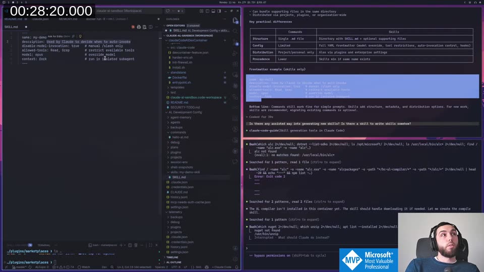 SKILL.md frontmatter showing all options including context: fork for isolated subagent execution