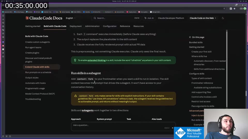 Claude Code Docs showing the &ldquo;Run skills in a subagent&rdquo; section with the context: fork explanation