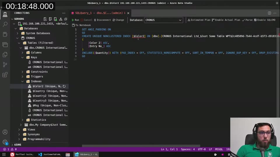 Azure Data Studio showing the SQL index CREATE script for Color2