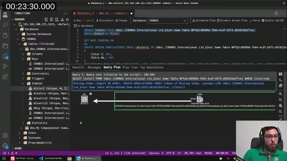 Missing index warning and clustered scan vs index seek comparison
