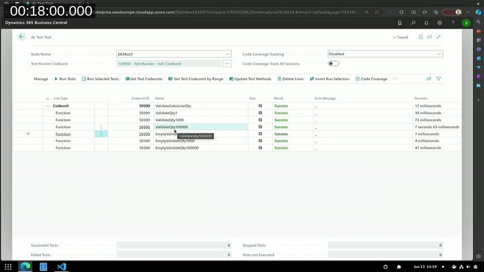 AL Test Tool showing benchmark results: ValidateSalesLineQty=17ms, ValidateQty1=30ms, ValidateQty1000=73ms, ValidateQty100000=7 seconds, EmptyValidateQty1=7ms, EmptyValidateQty1000=4ms, EmptyValidateQty100000=47ms